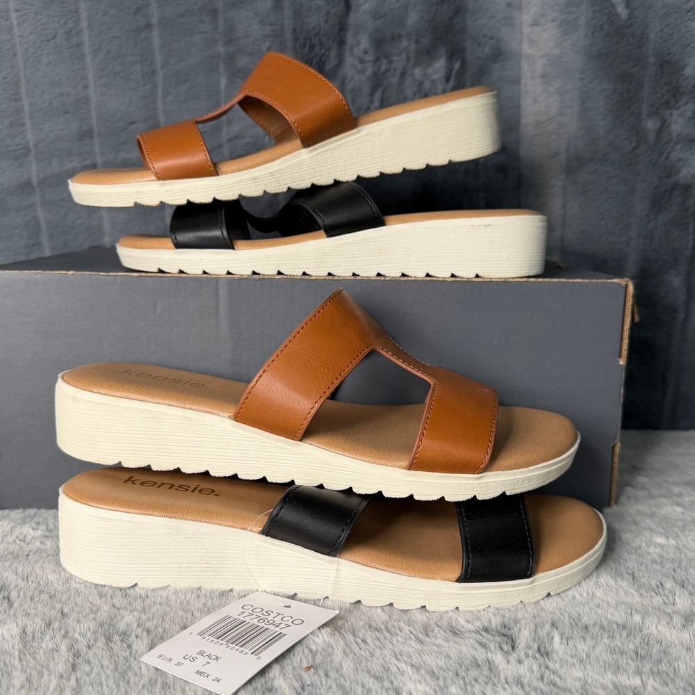 2 Kensie Elena Womens Platform Wedge Sandals Black Brown H-Strap Slides Size 7